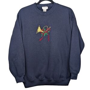 Vintage Small The Bay Navy Trumpet Embroidered Christmas Crew Neck Sweater *Flaw